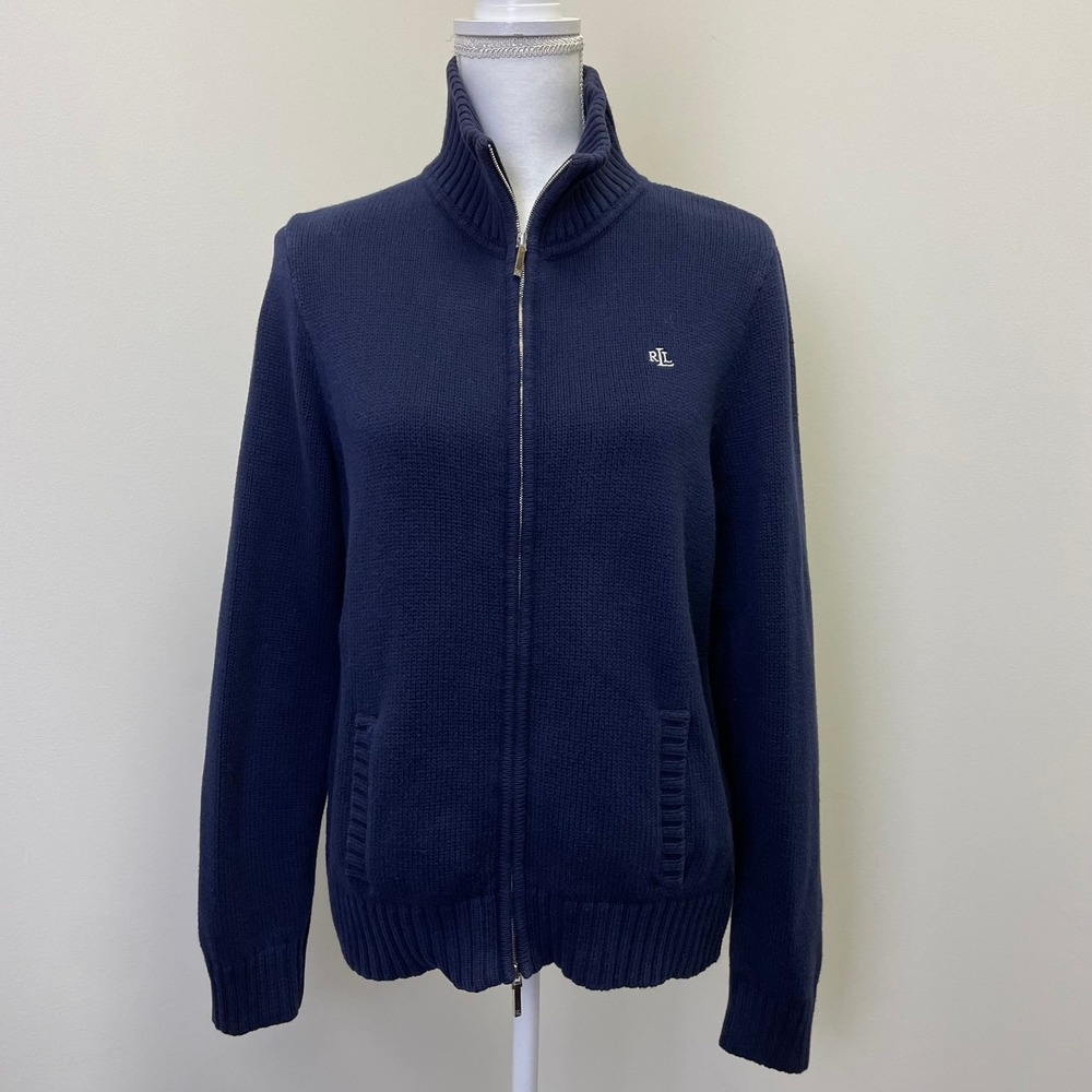 VTG Lauren Ralph Lauren Womens M Navy Blue  Mock Neck FullZip Cotton Cardigan
